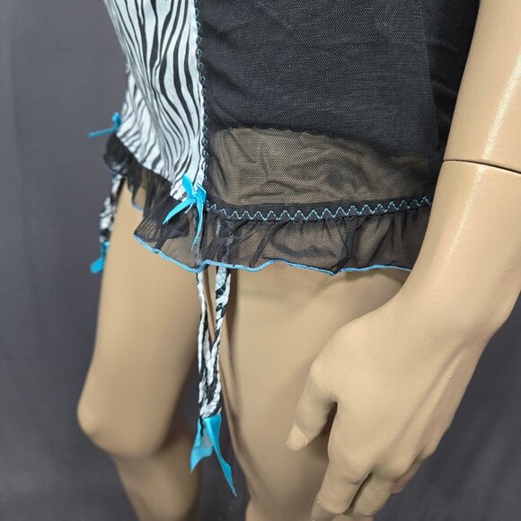 Y2K Zebra Print Lingerie slip Mini Dress With Garters 36C L Trashy Mcbling - Picture 6 of 11